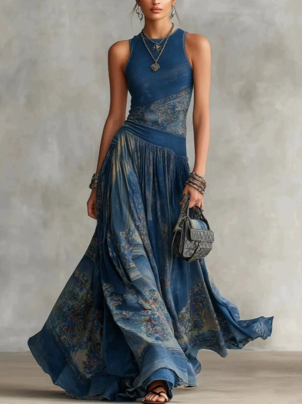 ZARA Elegant Printed Sleeveless Long Dress with Tulle Collar and Cinched Waist